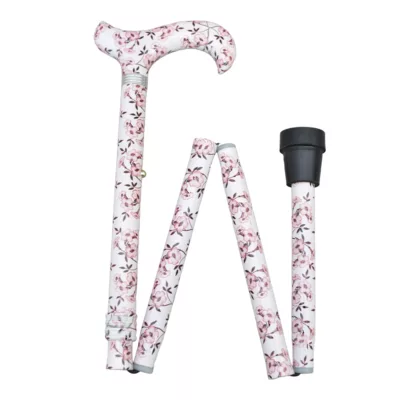 Floral Height Adjustable Folding Walking Stick with Derby Handle
