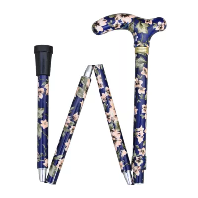 Folding Aluminium Walking Stick Blue Flower