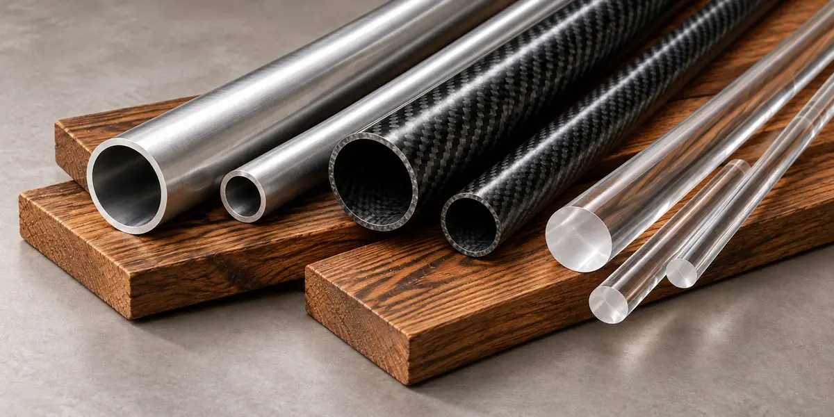 Aluminum, carbon fiber, wood, and acrylic.